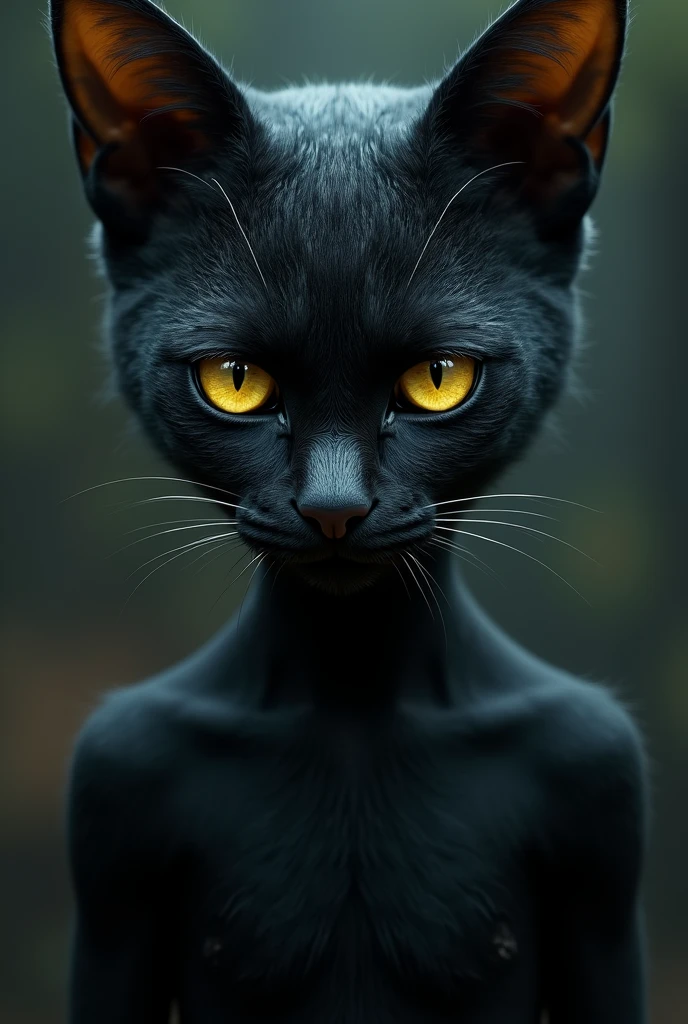 A real girl from India with a wide face, smooth black fur, Dark skin with light yellow eyes and a serious expression