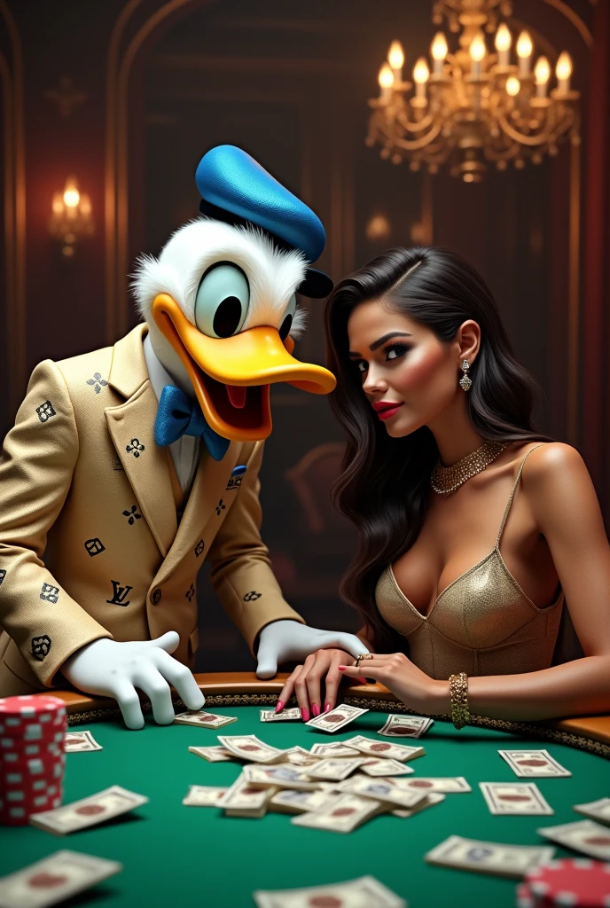 Donald duck, louis vuitton suit, woman, money, poker,