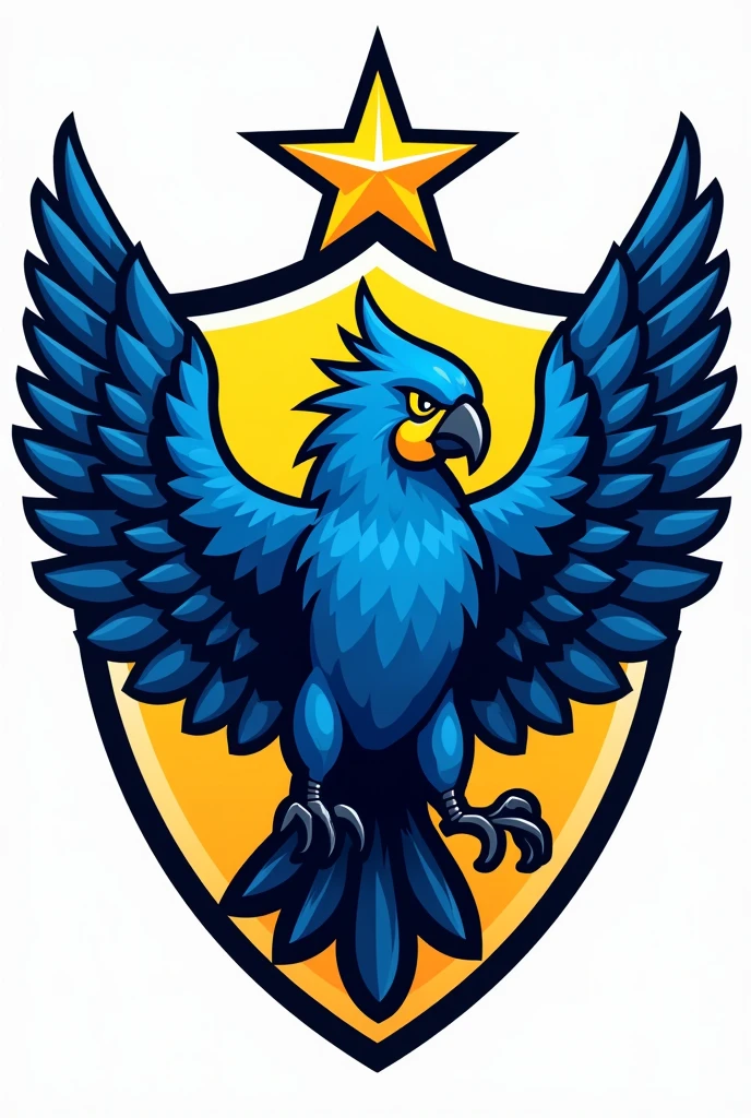 A team shield crest with a blue colored parrot, yellow and white with star on top
