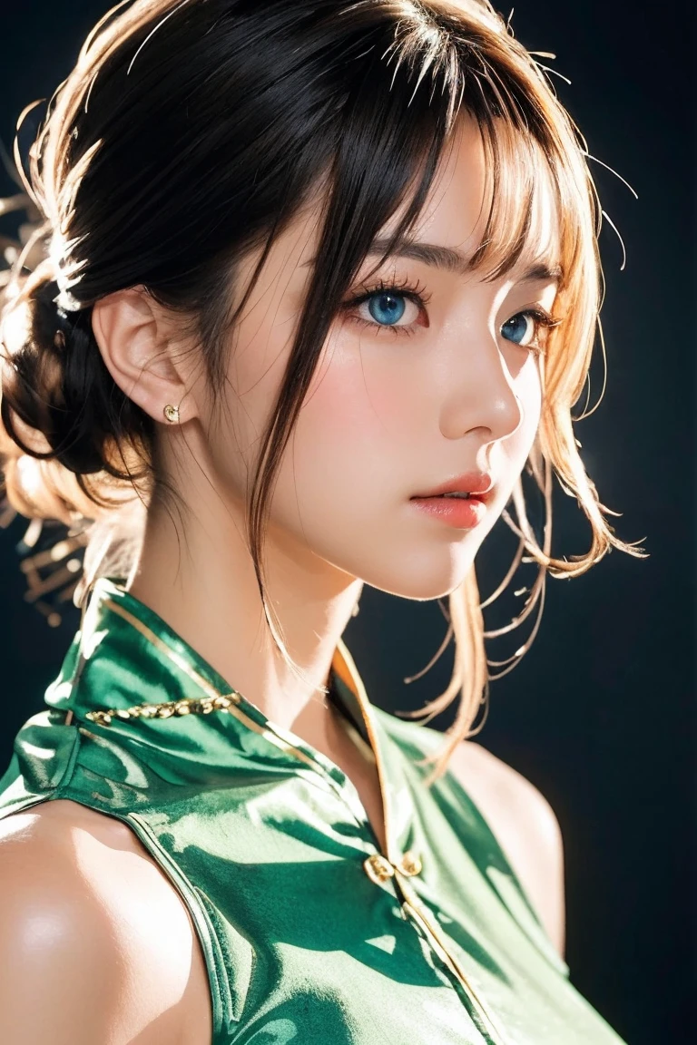 Here's the photorealistic masterpiece you requested: A close-up portrait of an extremely sexy Italian woman, dressed in a stunning lime green latex cheongsam and hyper-puffy yellow chain swimwear, with twintails blonde hair tied up in an intricate updo hairstyle. Her huge breasts are showcased perfectly as she gazes directly at the viewer with her piercing blue eyes, complete with eyeliner and painted lips. She's adorned with gold jewelry and has a fresh, very clean appearance. The lighting is cinematic, with dynamic shadows and a deep sense of intimacy. The background is blurred out to focus solely on the model's upper body, showcasing every detail in high-resolution 32k clarity.Create a photorealistic masterpiece of a 2 Japanese girl with finely detailed skin texture, showcasing subtle blush and goosebumps on her cheeks. Capture her serious expression, medium-sized breasts, and short hair styled with curls and bangs framing her face. Hair falls between her eyes, adding to the intimate close-up portrait shot. Set against a dark background, highlight her features with dramatic monochrome lighting, creating intricate shadows that define her silhouette. Use a spotlight to cast a striking glow on her face, emphasizing the theme of mystery and intrigue.