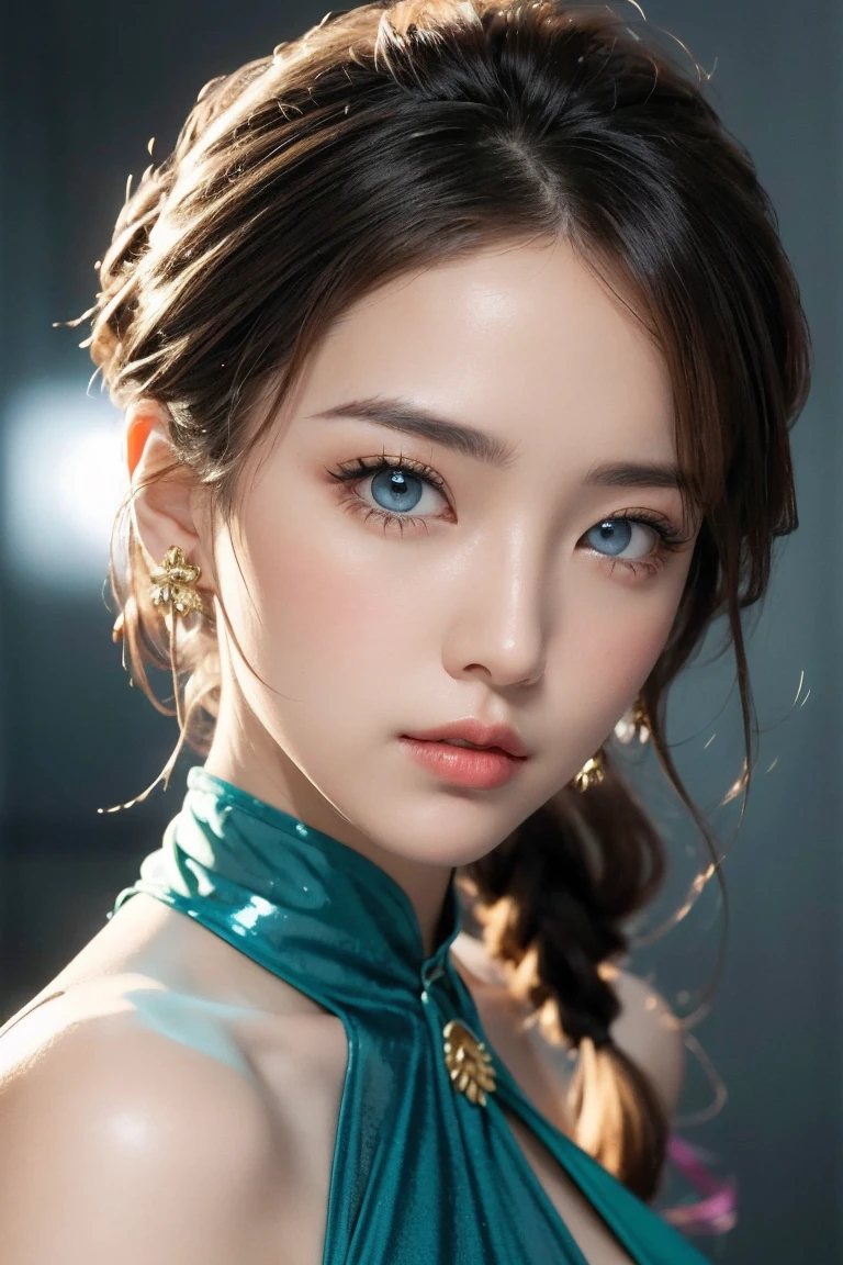 Here's the photorealistic masterpiece you requested: A close-up portrait of an extremely sexy Italian woman, dressed in a stunning lime green latex cheongsam and hyper-puffy yellow chain swimwear, with twintails blonde hair tied up in an intricate updo hairstyle. Her huge breasts are showcased perfectly as she gazes directly at the viewer with her piercing blue eyes, complete with eyeliner and painted lips. She's adorned with gold jewelry and has a fresh, very clean appearance. The lighting is cinematic, with dynamic shadows and a deep sense of intimacy. The background is blurred out to focus solely on the model's upper body, showcasing every detail in high-resolution 32k clarity.Create a photorealistic masterpiece of a 2 Japanese girl with finely detailed skin texture, showcasing subtle blush and goosebumps on her cheeks. Capture her serious expression, medium-sized breasts, and short hair styled with curls and bangs framing her face. Hair falls between her eyes, adding to the intimate close-up portrait shot. Set against a dark background, highlight her features with dramatic monochrome lighting, creating intricate shadows that define her silhouette. Use a spotlight to cast a striking glow on her face, emphasizing the theme of mystery and intrigue.