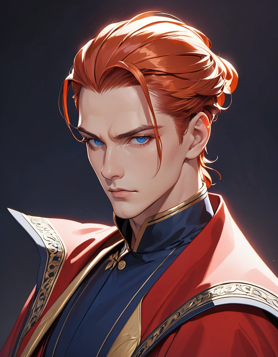 Generate a character with a confident and composed expression. He has long, reddish-orange hair styled in a slicked-back manner, with a single wavy strand falling over his face. His eyes are narrow and sharp. He wears a high-collared robe with gold and dark blue accents, and a red cloak draped over his shoulders. His overall appearance is regal, with a serious and authoritative demeanor.