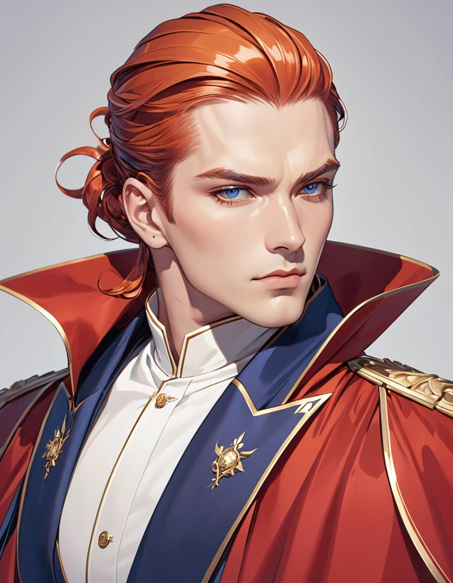 Generate a character with a confident and composed expression. He has long, reddish-orange hair styled in a slicked-back manner, with a single wavy strand falling over his face. His eyes are narrow and sharp. He wears a high-collared robe with gold and dark blue accents, and a red cloak draped over his shoulders. His overall appearance is regal, with a serious and authoritative demeanor.