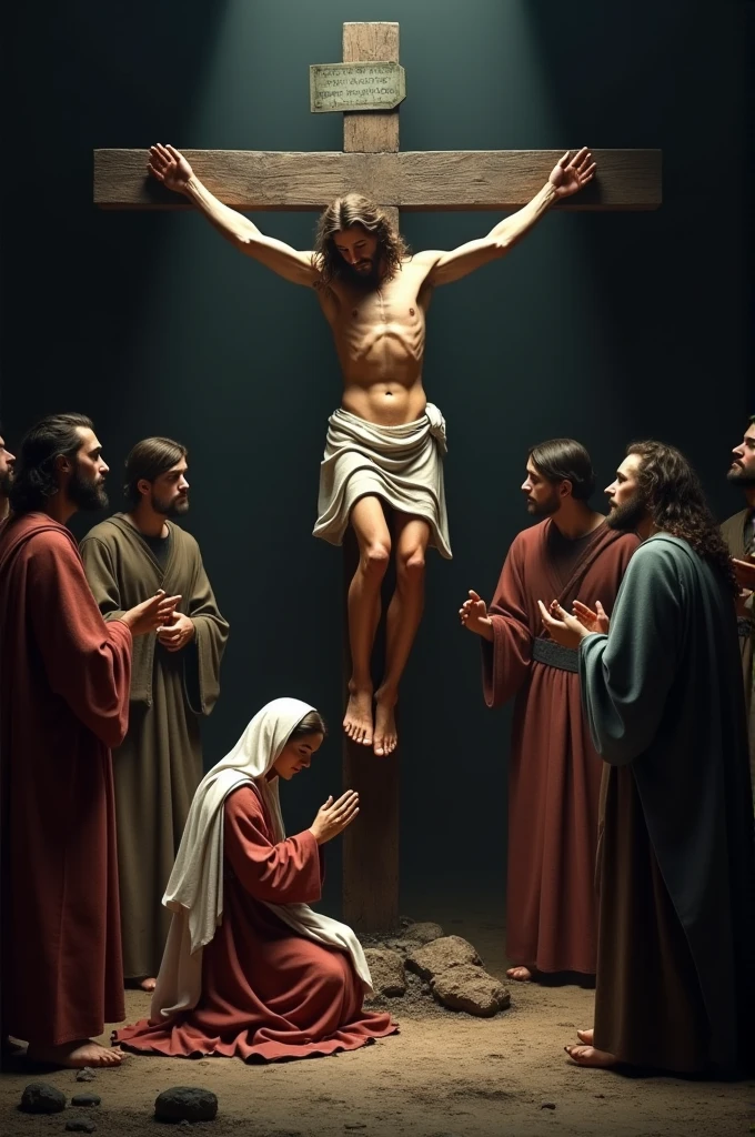 create a frame with a dark background with few lights coming in, the cross with jesus in the center with mary kneeling at his feet and with some disciples around 