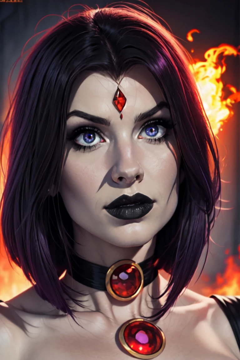 (Best Quality, 8k, masterpiece, HD), (Photo of attractive Caucasian gothic model woman with tattoos), only 1Girl like Raven, ((precious stone on the forehead)), heavy makeup , layer, choker,very pale skin,Ultra detailed face, detailed lips, fine eyes, black lipstick, fine eyes, whole body, walking on fire