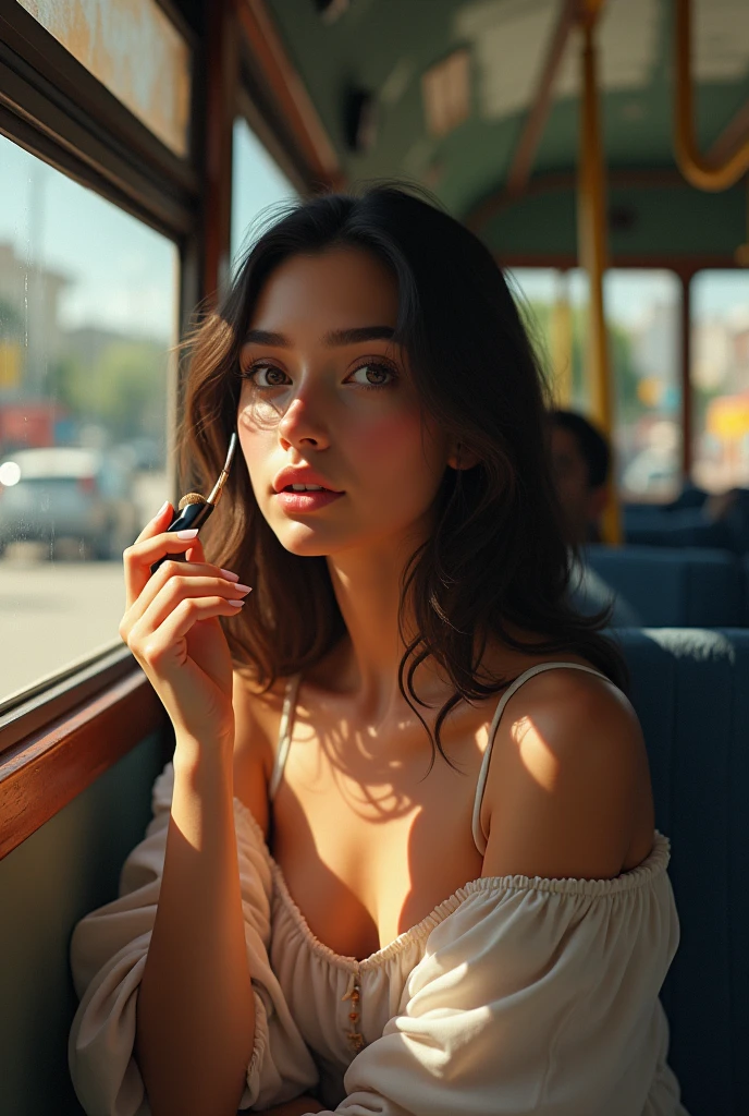 A girl with non-white skin putting on makeup inside a bus in Mexico and it looks organic and natural, something that shows an expression on her face, reminds her that she is putting on makeup