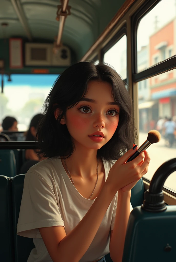 A girl with non-white skin putting on makeup inside a bus in Mexico and it looks organic and natural, something that shows an expression on her face, reminds her that she is putting on makeup