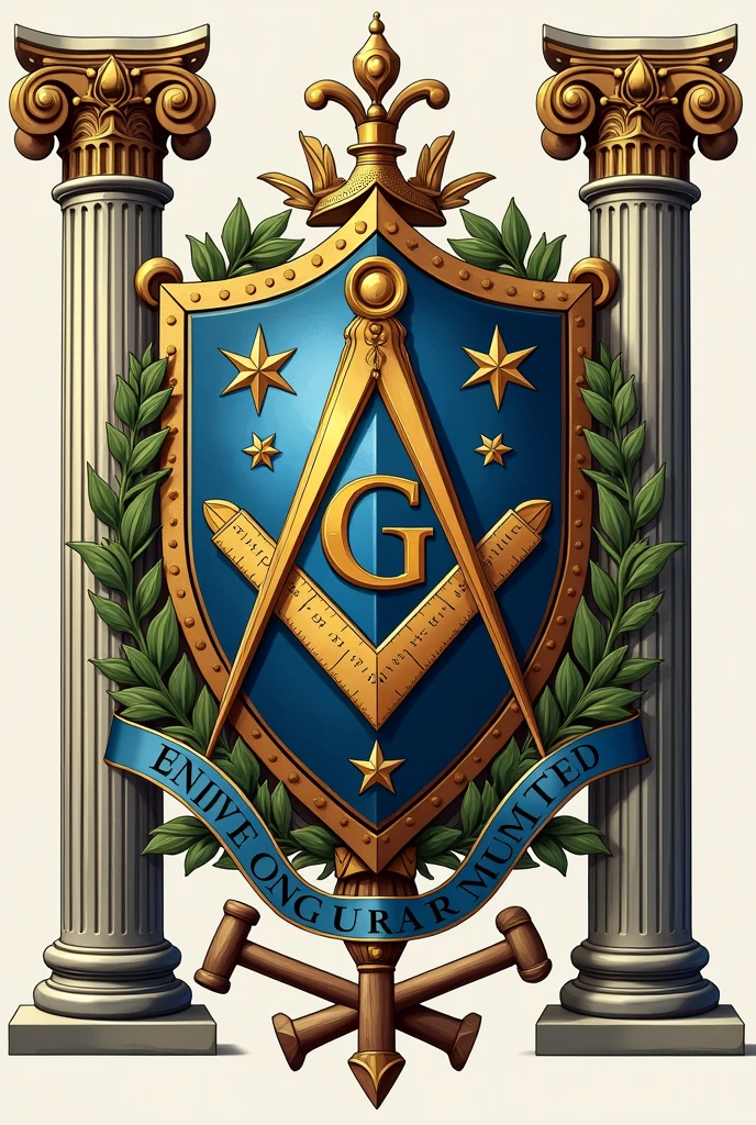 Use a shield divided into sections that represent different aspects of Freemasonry and construction. Include the square and compass, Symbols of Freemasonry, No centro do escudo. Add a ruler and a crossed hammer. 
Two classical temple columns. Use traditional colors like blue and gold. Include the motto "A∴ R∴ L∴ S∴ Temple Builders No. 3667" in a strip below the shield Add decorative elements laurel leaves