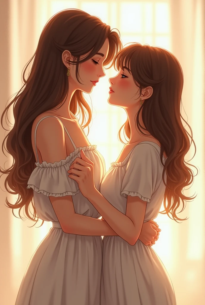 NOW CREATE A DRAWING OF 2 girls, one of them is tall with brown hair and it reaches her back and they have wavy hair and white skin and the other is a little shorter than the other, reaching her chin, she has skin that is a little less white with SHORT HAIR up to her ears and, that the two are hand in hand and very much in love , Remember that both are women