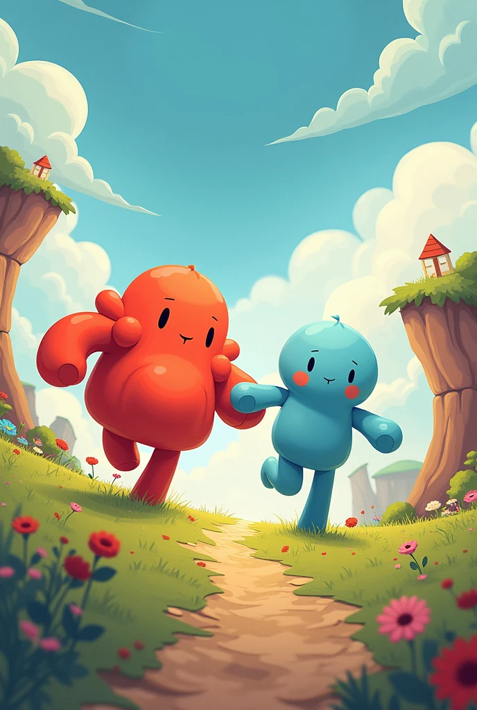 draw and create two cute characters, they must be formless non-human beings like studio ghibli . Strength and Movement they are friend adventurers. Strength robust red and Movement light blue, these on a fantastic land of Energyland, it must be cute for kids with running poses