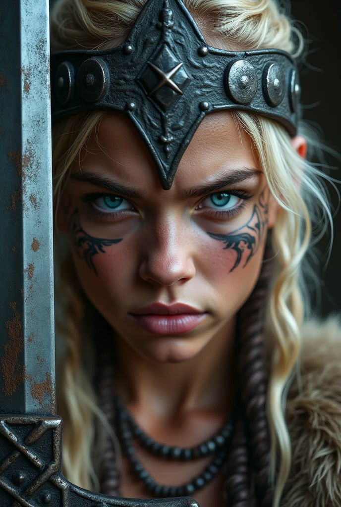 Close up viking warrior with sword in hand, young woman, blue eye, makeup on face, sword next to the face, large head ornament , necklace on the neck, painted face