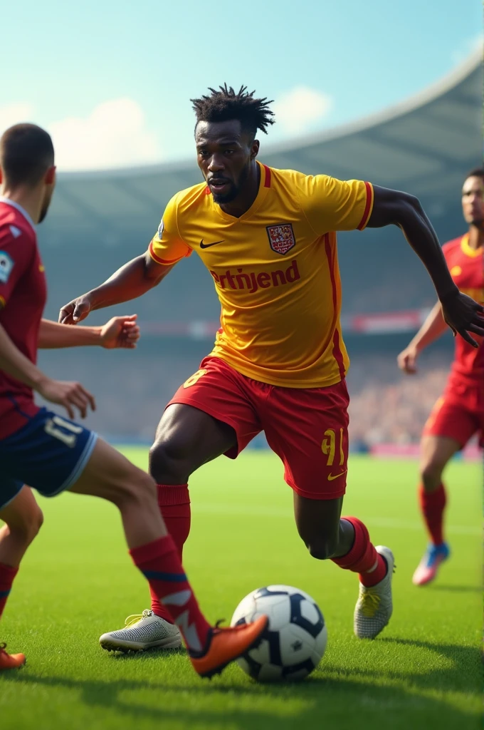 Create an image of an 1 black man dribbling past several people on a soccer field