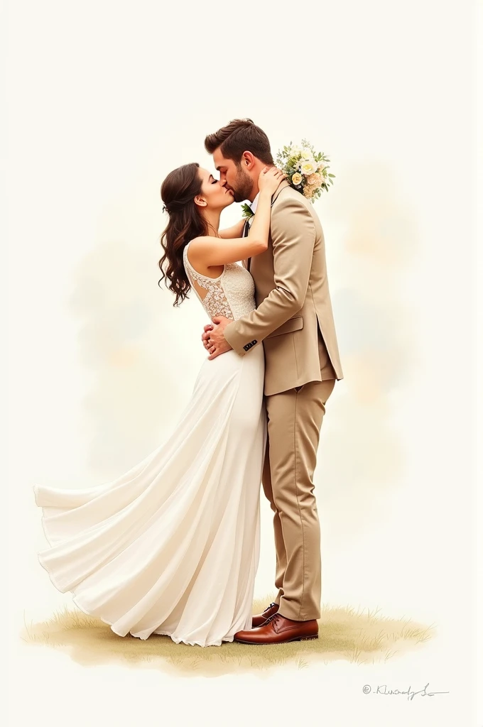Wedding kiss pintable watercolor print art. Beige suit and white dress