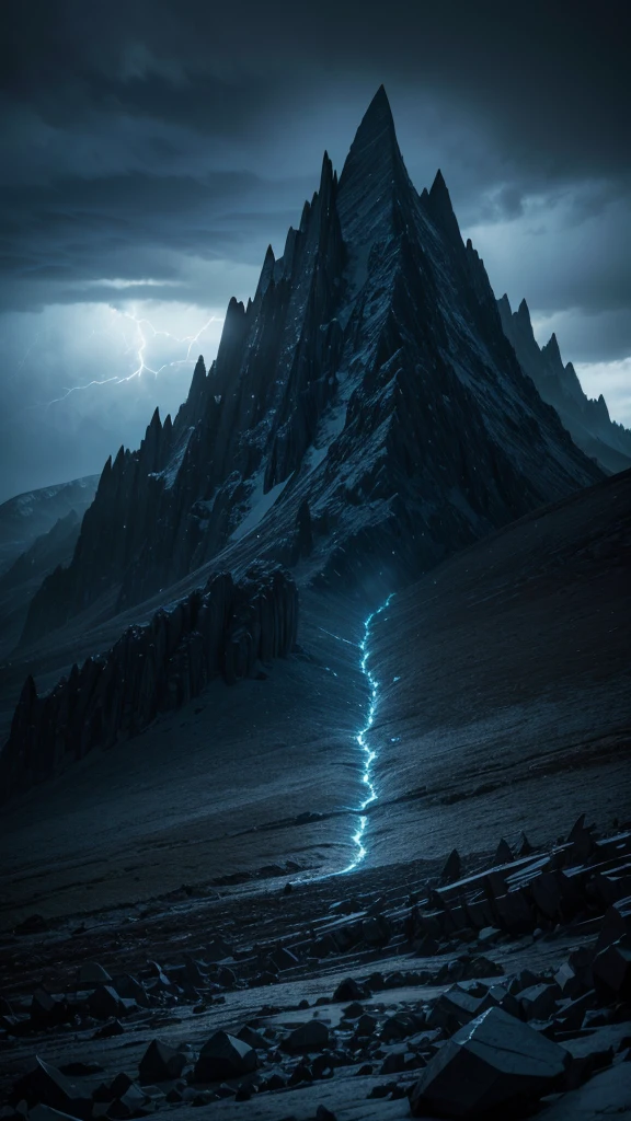An ominous, jagged mountain made entirely of dark crystals, looming under a stormy, cloud-filled sky. The sharp edges of the crystals glint with a cold, otherworldly light, reflecting the faint glow of lightning that illuminates the scene. In the foreground, a desolate, rocky terrain is littered with shattered crystal shards. Ethereal, ghostly figures seem to be trapped within the mountain's surface, their faces twisted in silent agony. The atmosphere is heavy and foreboding, with a sense of impending doom, perfectly capturing the intensity and darkness of Death's 'Crystal Mountain.
