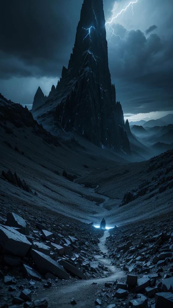 An ominous, jagged mountain made entirely of dark crystals, looming under a stormy, cloud-filled sky. The sharp edges of the crystals glint with a cold, otherworldly light, reflecting the faint glow of lightning that illuminates the scene. In the foreground, a desolate, rocky terrain is littered with shattered crystal shards. Ethereal, ghostly figures seem to be trapped within the mountain's surface, their faces twisted in silent agony. The atmosphere is heavy and foreboding, with a sense of impending doom, perfectly capturing the intensity and darkness of Death's 'Crystal Mountain.

