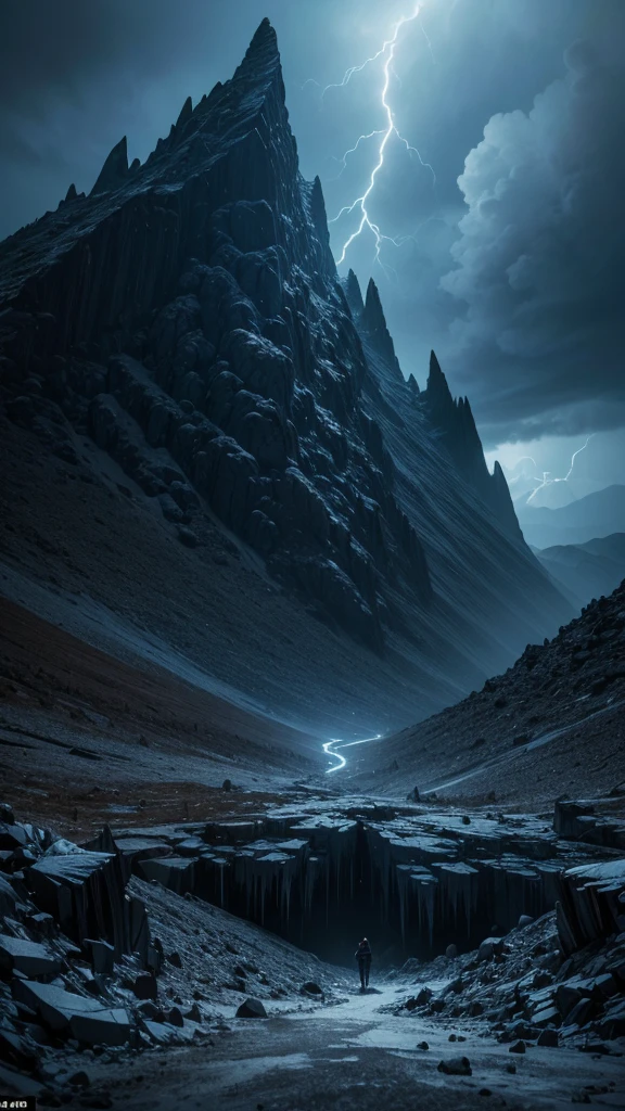 An ominous, jagged mountain made entirely of dark crystals, looming under a stormy, cloud-filled sky. The sharp edges of the crystals glint with a cold, otherworldly light, reflecting the faint glow of lightning that illuminates the scene. In the foreground, a desolate, rocky terrain is littered with shattered crystal shards. Ethereal, ghostly figures seem to be trapped within the mountain's surface, their faces twisted in silent agony. The atmosphere is heavy and foreboding, with a sense of impending doom, perfectly capturing the intensity and darkness of Death's 'Crystal Mountain.