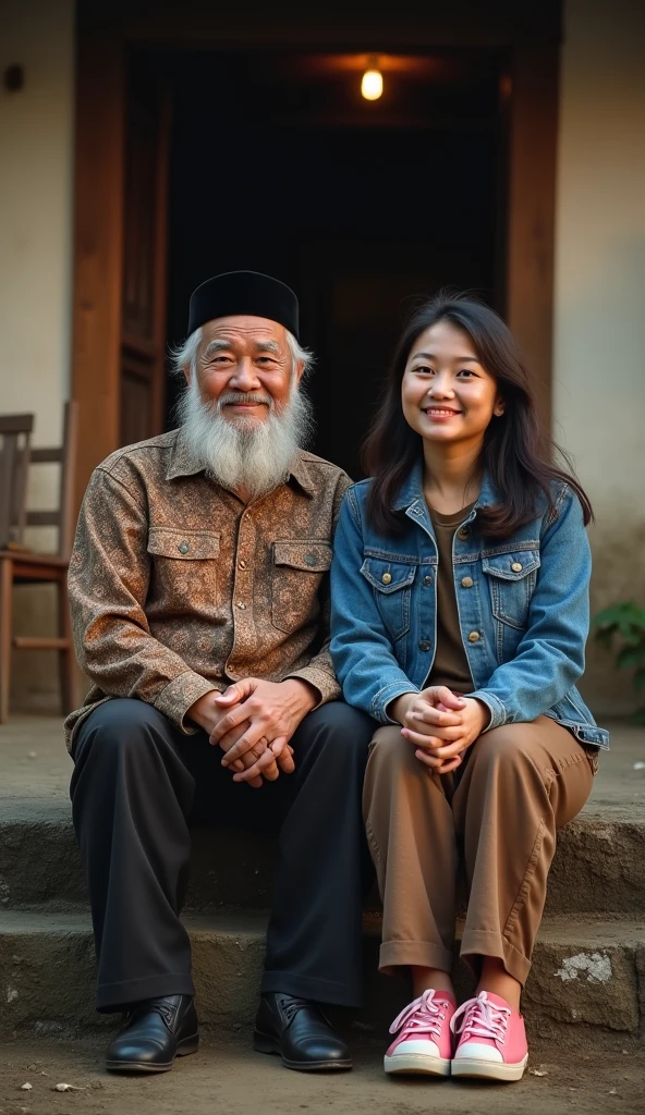A 60 year old Indonesian man, wear a black Muslim cap, pakai baju batik dan long pants, wearing leather shoes, sit down, smile facing the camera, Beside him there is a beautiful Indonesian woman, his body is quite fat, fair skin, big nose, long wavy hair, wearing a denim jacket, long pants, wearing pink sneakers, sit down, happy face facing the camera, in front of the country house, evening atmosphere, minimal defects, very detail, realistic, 8K picture