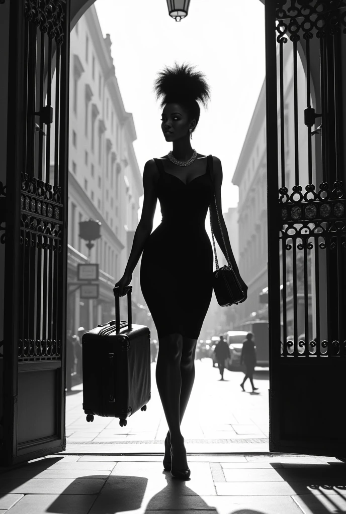 Leaving a hotel with belongings, generate a skinny curvy black African woman leaving a hotel gate