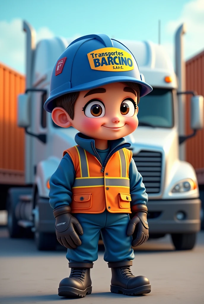 Cartoon of a semi-truck driver wearing personal protective equipment with black boots, blue helmet, Orange vest with reflective tapes, Long sleeve polo with reflective tape and lead, Blue pants, Goggles and leather gloves. The company logo must be on the helmet. "TRANSPORTES BARcINO S.A.c."