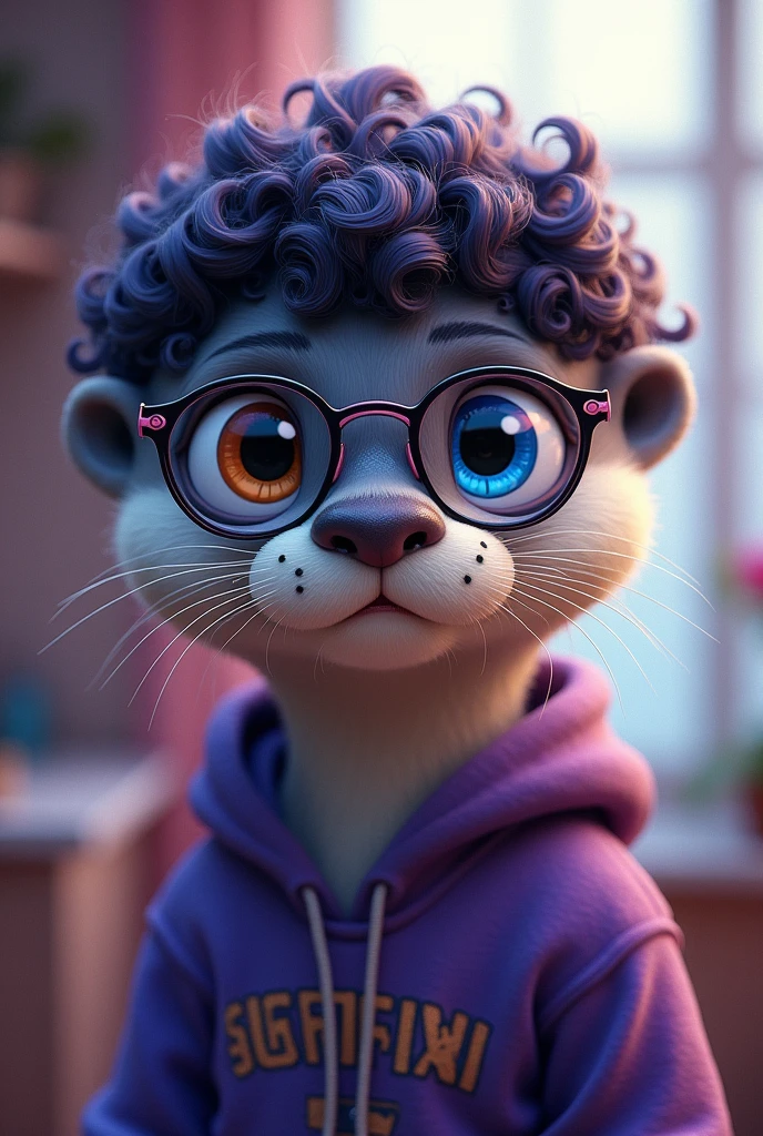 Male otter, curly black and purple hair, wearing glasses and a sweatshirt, heterochromia 