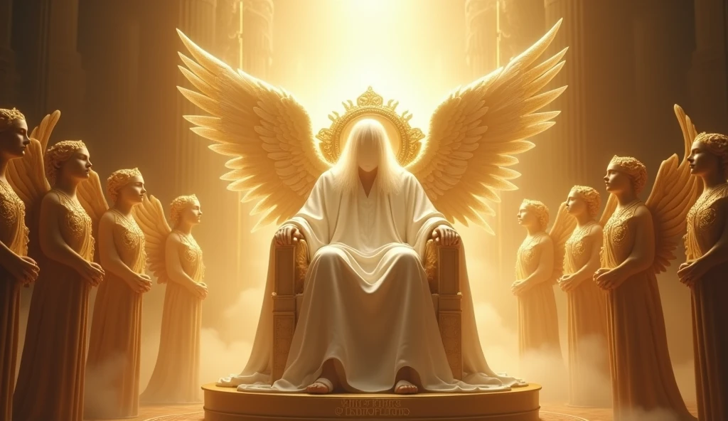 God with his hair as white as snow, His face is hidden by pure light, seated on his golden thrown. Cherubim having 6wings, two wings to covering their feet, two wings to cover their face, and two to fly and Seraphim having 6 wings, and four faces, the face of a man, an eagle, an Bull and a Lion. They are around God's thrown. God is vast, 32K UHD, Style Raw, detailed, masterpiece, realistic, your golden sign written "king of kings , Lord of Lords " Its resplendent light capable of blinding any vision