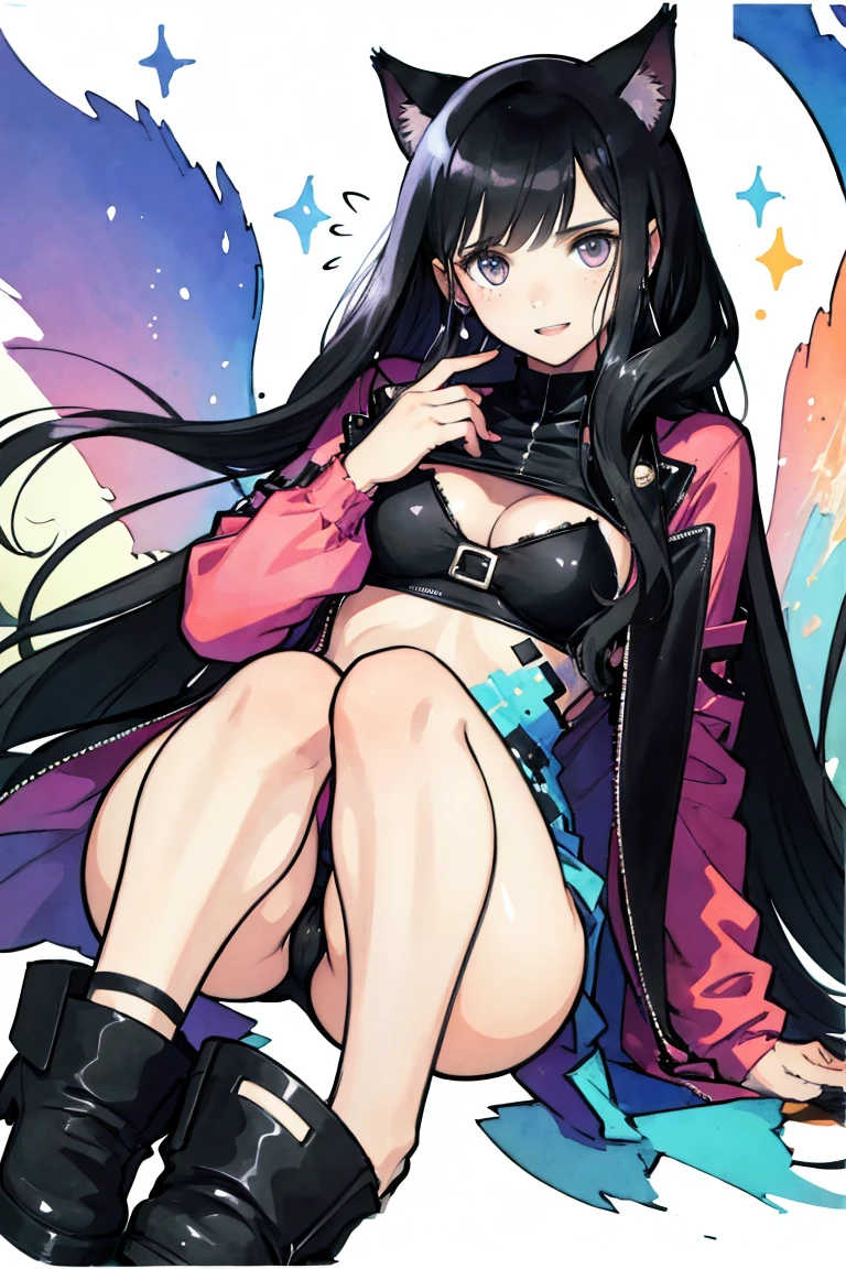 full body, a cat woman with freckles, dark brown eyes, and an upturned nose, she is happy and smiling, she has long wavy hair, black hair, she is wearing aviator sunglasses with clear lenses in a soft watercolor style. The girl's clothes must be pink, purple, and blue in celebration of the bisexual, with stains of ink and watercolor mixing and filling the scene. There should be a subtle, nuanced change in colors using the impasto technique with gouache paint. There should be a light rain in the watercolor painting with a little watercolor paper texture and a pastel background.