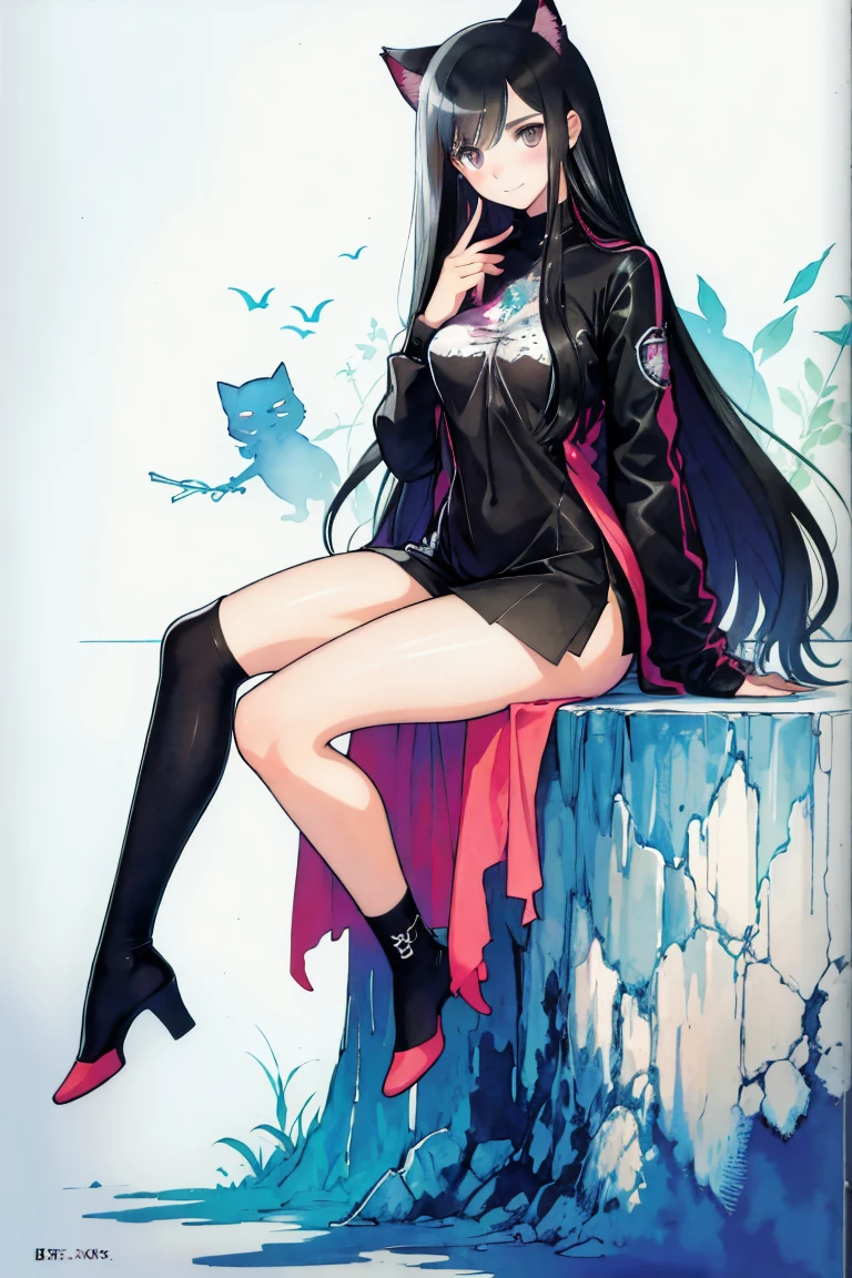 full body, a cat woman with freckles, dark brown eyes, and an upturned nose, she is happy and smiling, she has long wavy hair, black hair, she is wearing aviator sunglasses with clear lenses in a soft watercolor style. The girl's clothes must be pink, purple, and blue in celebration of the bisexual, with stains of ink and watercolor mixing and filling the scene. There should be a subtle, nuanced change in colors using the impasto technique with gouache paint. There should be a light rain in the watercolor painting with a little watercolor paper texture and a pastel background.