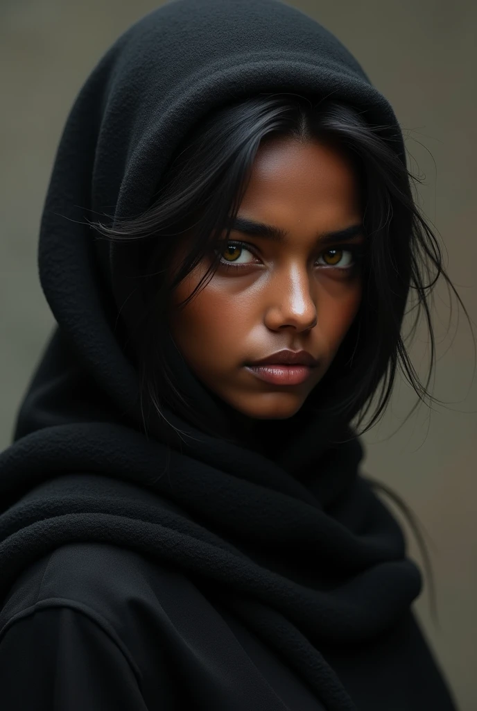 realistic young woman from india wide face, smooth black fur, Dark skin with light yellow eyes and a serious expression 
