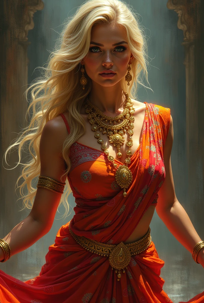 Blonde girl, Indian Saree, Indian Jewelry, bog breasts, topless, Dance pose