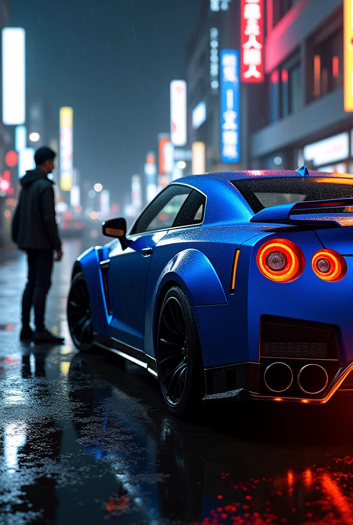 Blue GTR R-34 on a rainy night in Tokyo , with fire coming out of the exhaust is a man next to the car
