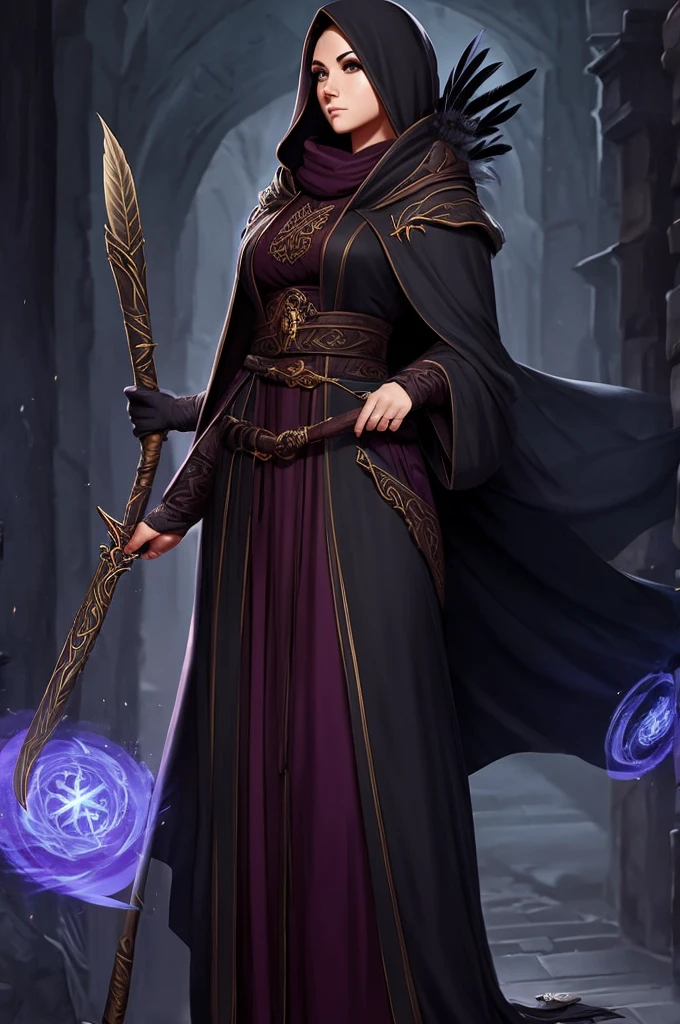 Female, fantasy character, robes, cultist, feathers, ilf, curvy, eyeliner, dark mage