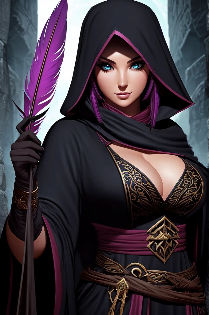 Female, fantasy character, robes, cultist, feathers, ilf, curvy, eyeliner, dark mage