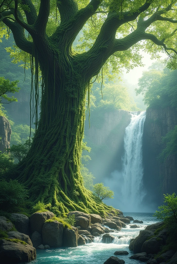 high quality, 8K Ultra HD, trees with waterfall braid