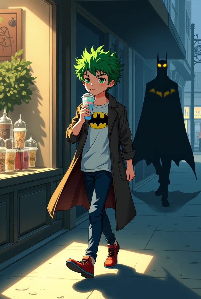 A boy with green hair, he has eyes, he is wearing a Batman shirt and a Joker coat, he is drinking a milkshake, he is walking past a shop window and his shadow has yellow eyes, the image has to be in anime. And this boy is the son of Batman and the Joker.