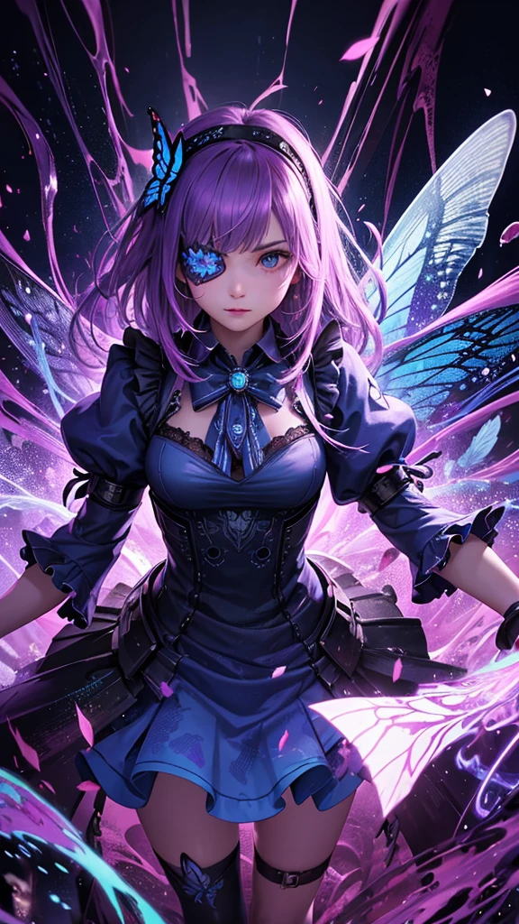 (best quality), [fractal art:0.3], silhouette art, fluid abstract art, psychedelic art, inked, ink splashes, science fiction, future, cyberpunk, post-apocalypse, realistic, 1girl, alice in wonderland, bow on head, frills apron dress, flower, time paradox, butterfly, medical eyepatch, tech, machinery engraving, ultra highres, absurdres, deep blue theme, light purple tone,
