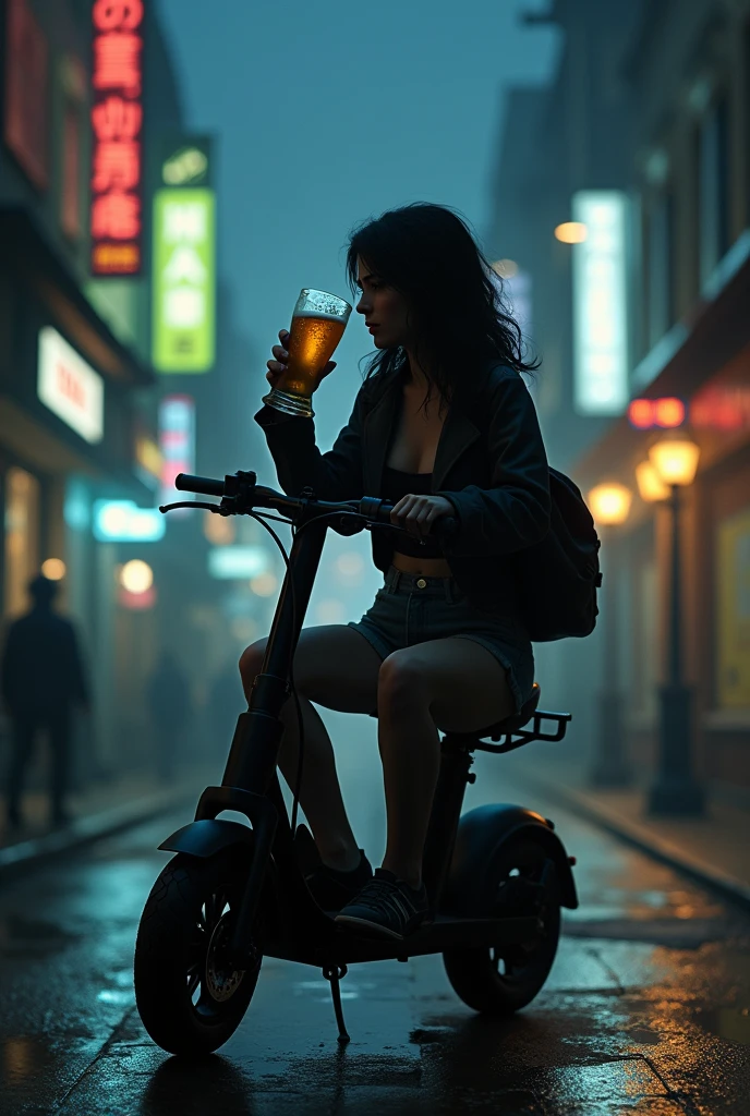 Black-haired skinny Irena drinks beer and rides an e-scooter 