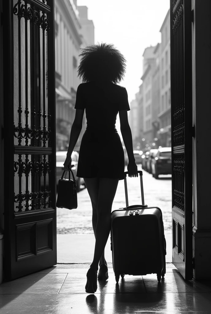 Leaving a hotel with belongings, generate a skinny curvy black African woman leaving a hotel gate