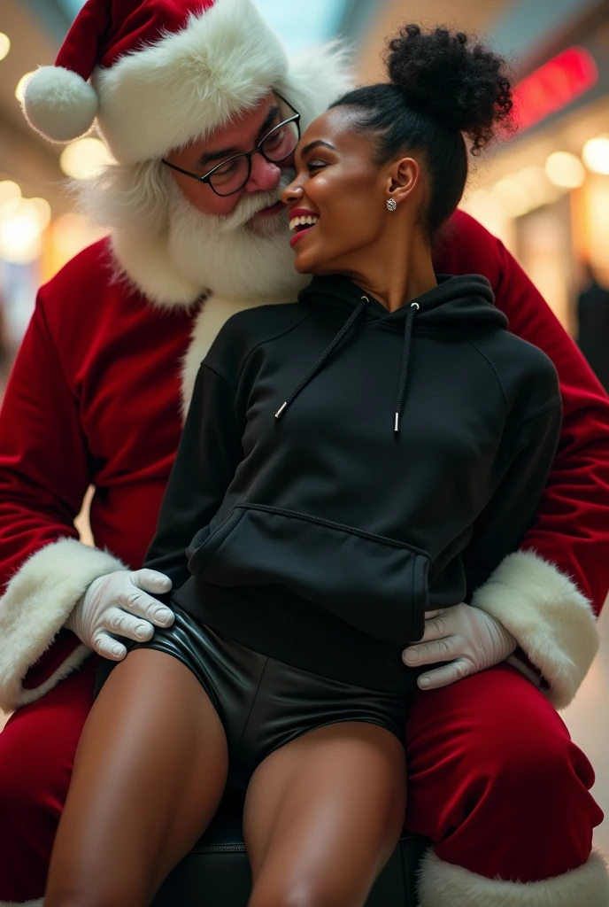 black woman hair in a bun black hoodie black leather short shorts butt cheeks showing excited and eyes wide open on her face setting in santa claus lap at the mall 8k santa has his hands around her waist and kissing her neck