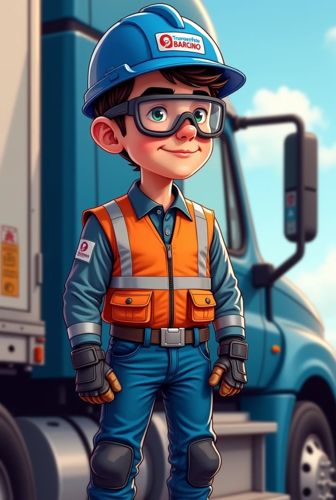 Cartoon of a semi-truck driver wearing personal protective equipment with black boots, blue helmet, Orange vest with reflective tapes, Long sleeve polo with reflective tape and lead, Blue pants, Goggles and leather gloves. The company logo must be on the helmet. "TRANSPORTES BARCINO SAC"