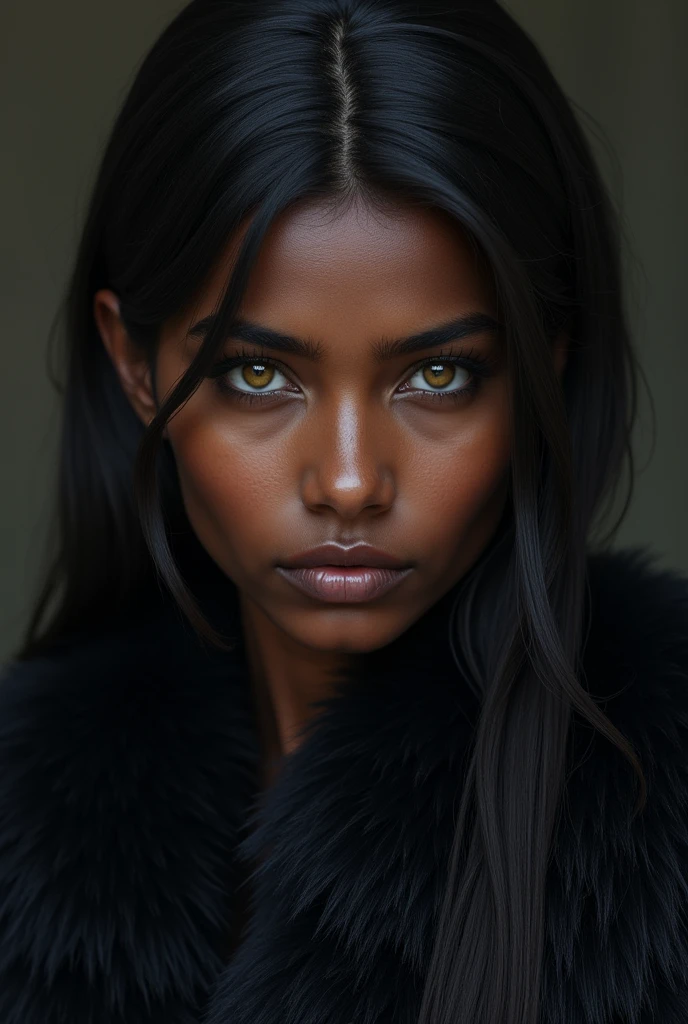 realistic young woman from india wide face, smooth black fur, Dark skin with light yellow eyes and a serious expression 
