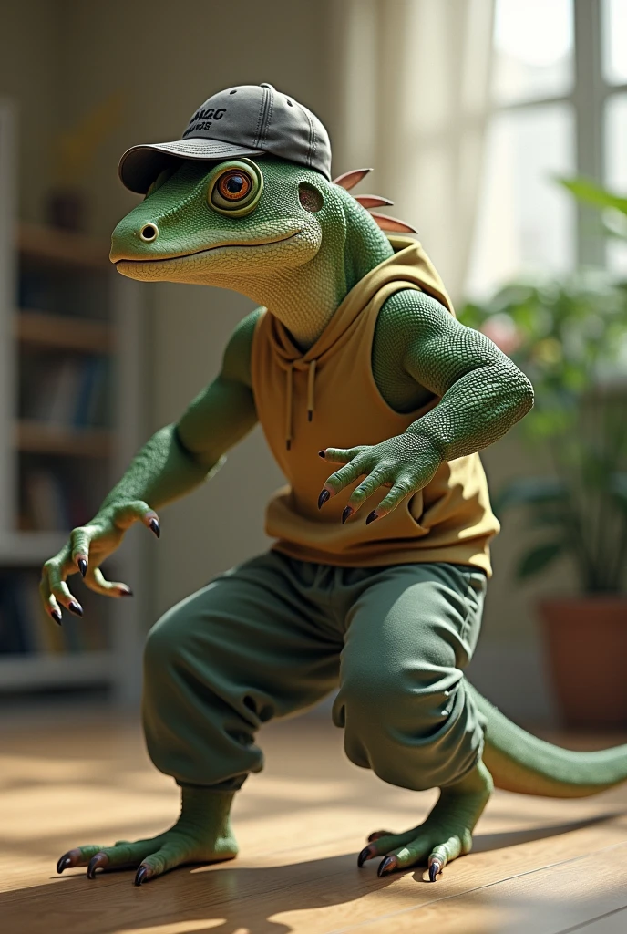 A furry lizard working out in a hat and sweatpants
