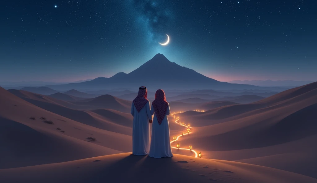 Imagine two people of Saudi origin, one man and one woman, standing in a vast desert under a starry night sky. They are watching a big mountain in the distance, illuminated by the soft light of the crescent moon. The path leading up the mountain is lit by small lanterns along the trail, symbolizing the challenges and achievements they faced. The stars and moon in the background reflect the energy and determination needed to achieve success..