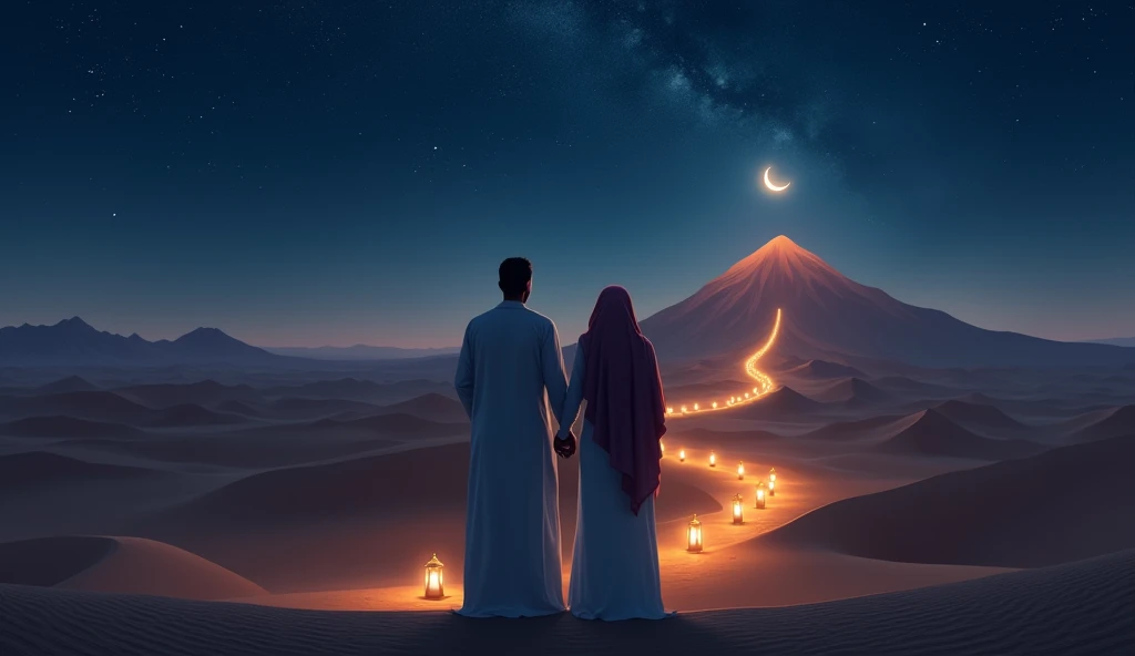 Imagine two people of Saudi origin, one man and one woman, standing in a vast desert under a starry night sky. They are watching a big mountain in the distance, illuminated by the soft light of the crescent moon. The path leading up the mountain is lit by small lanterns along the trail, symbolizing the challenges and achievements they faced. The stars and moon in the background reflect the energy and determination needed to achieve success..