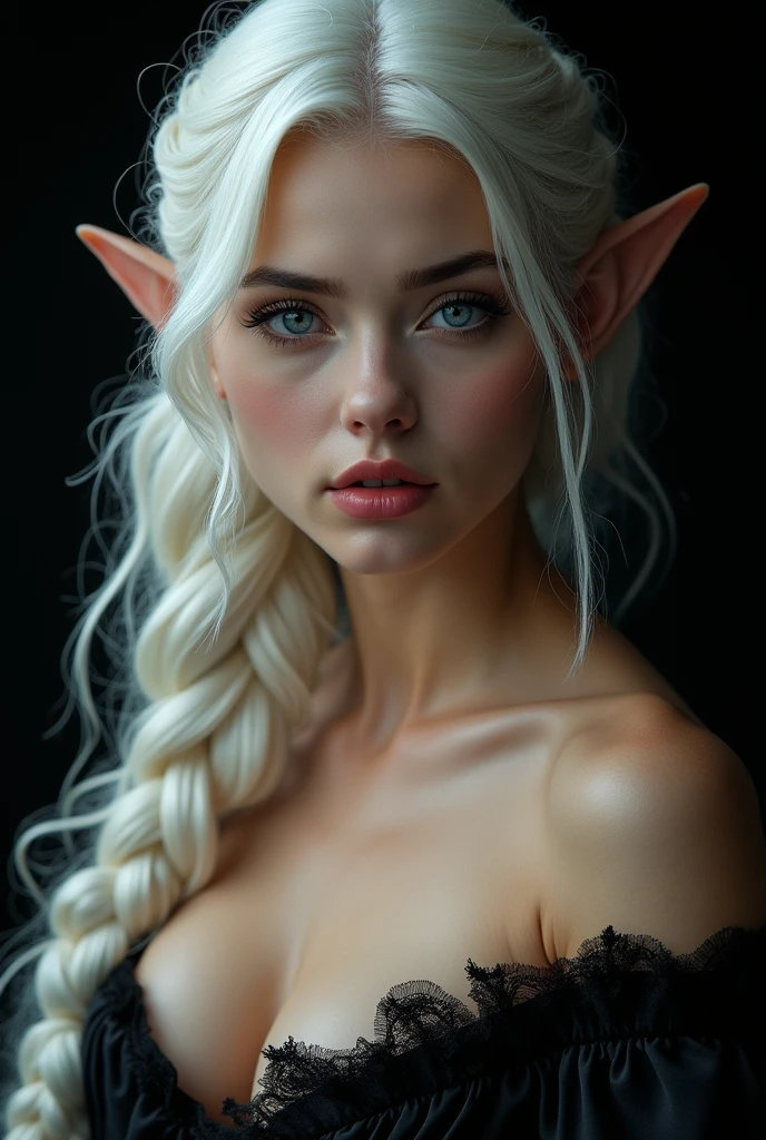 HYBRID FACE BETWEEN CLAUDIA SCHIFFER AND GISELE BUNDCHEN , BUST IMAGE STYLE, STUDIO IMAGE STYLE, BLACK INFINITE BACKGROUND, DIFFUSED LIGHTS ON FACE, STRONG BACK LIGHTS, CLOSE FACE SHOT, PLATINUM LONG HAIR, HUGE STRAIGHT LONG HAIR, BRAID HAIR STYLE, PLATINUM EYEBROWS, VERY PALE SKIN, ELF WOMEN, TOLKIEN MITHOLOGY, EXPOSED TIP EARS, HIGH CHEEKBONES, ROSY CHEEKS, GORGEOUS LIPS, SOFT LIPSTICK, CURVY BODY, VOLUMOUS BREASTS, STRAPLESS CLEAVAGE, VICTORIAN DRESS, ENIGMATIC FACE EXPRESSION, TOLKIEN MITHOLOGY, HIGH QUALITY IMAGE, MASTERPIECE, 8K