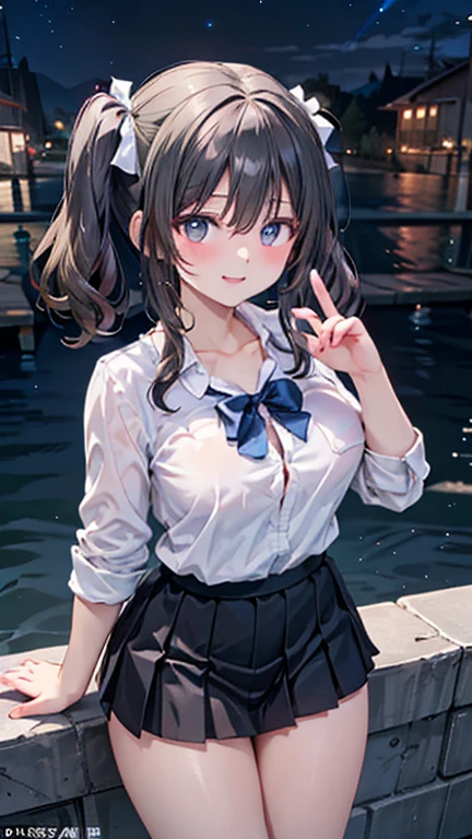 (masterpiece:1.2, Highest quality), (Now, photoNow:1.4), beautiful illustration, (natural side Lighting, Light),
Looking at the audience, Cowboy Shooting, Front view:0.6, 1 person, Japanese, high school, Perfect Face, Cute and symmetrical face, Glowing Skin,
(Intermediate:1.5, Double Tail:1.7, blonde), Hair between the eyes, blue eyes, Eyelash extension tools, (Big Breasts:0.9, Thick thighs),
beautiful hair, Pretty face, beautiful and delicate eyes, beautifulcollarbone, beautiful body, beautiful , beautiful thighs, beautiful legs, beautiful fingers,
((black pleated mini skirt, black, Unbuttoned white shirt)), black hair ribbon, pink,
(beautiful scenery), night, River side, walk, Please place your hand on your chest, (Excited face, very happy),