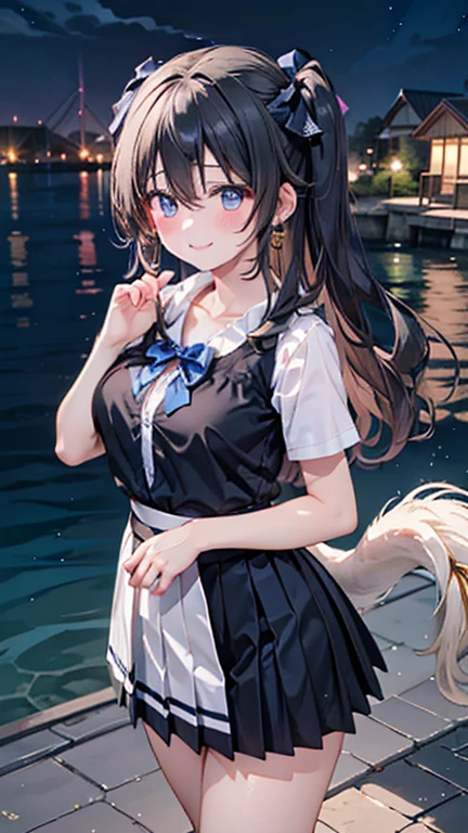 (masterpiece:1.2, Highest quality), (Now, photoNow:1.4), beautiful illustration, (natural side Lighting, Light),
Looking at the audience, Cowboy Shooting, Front view:0.6, 1 person, Japanese, high school, Perfect Face, Cute and symmetrical face, Glowing Skin,
(Intermediate:1.5, Double Tail:1.7, blonde), Hair between the eyes, blue eyes, Eyelash extension tools, (Big Breasts:0.9, Thick thighs),
beautiful hair, Pretty face, beautiful and delicate eyes, beautifulcollarbone, beautiful body, beautiful , beautiful thighs, beautiful legs, beautiful fingers,
((black pleated mini skirt, black, Unbuttoned white shirt)), black hair ribbon, pink,
(beautiful scenery), night, River side, walk, Please place your hand on your chest, (Excited face, very happy),