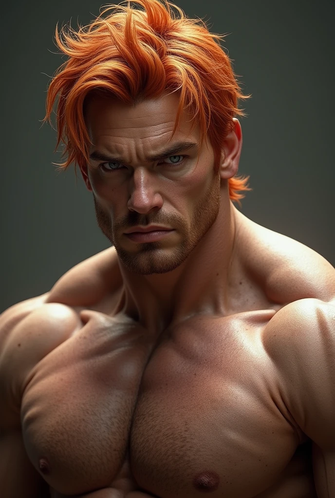 An adult man with reddish hair that reaches his shoulders, grey eyes and lots of muscles