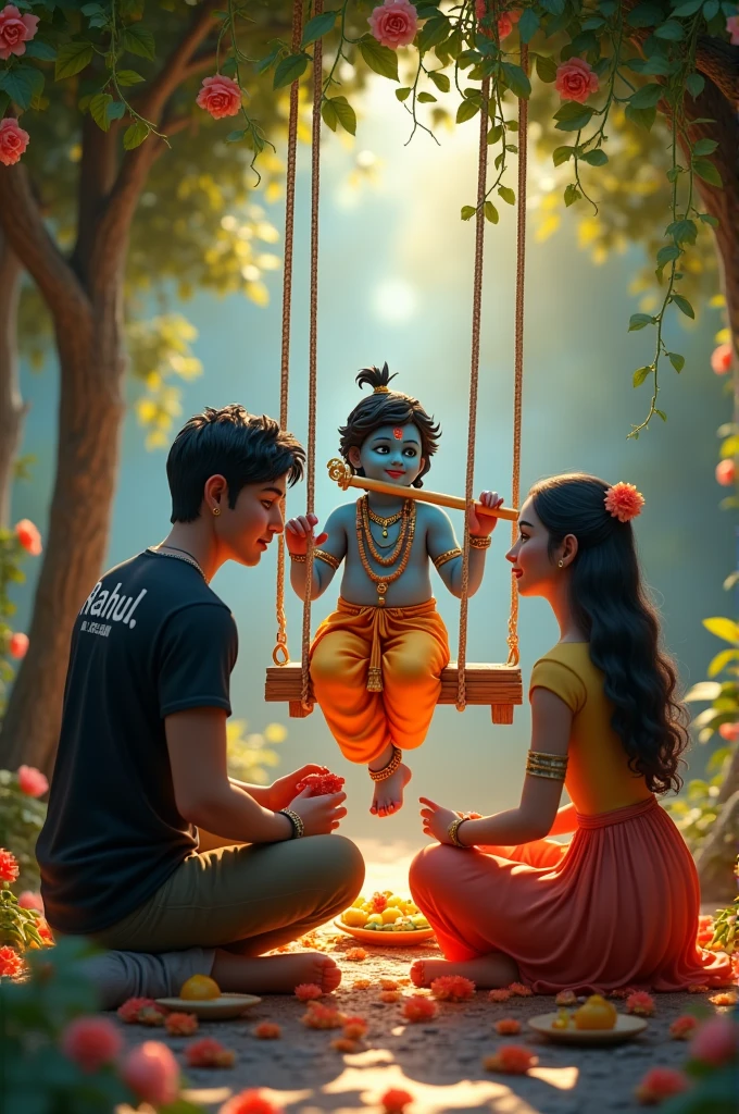 create a 3D realistic picture “1 couple is worshiping Shree Krishna and Shree krishna is sitting on a swing and playing flute and Boy “Rahul” is written on the boy’s black t-shirts and “Aarti” is written on girls’s tshirt the cou- ple is worshiping and in the back- ground “Happy Janmashtami” is written in bold font clearly, make sure everything should be