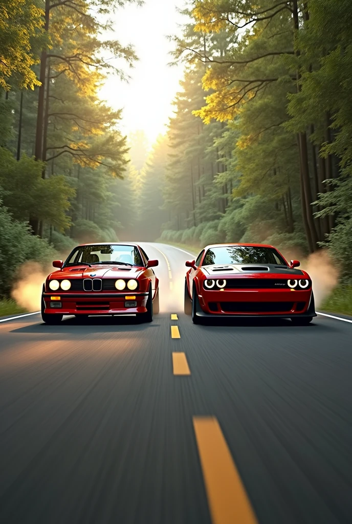 Create a picture of a bmw m3 e30 and a dodge challanger srt hellcart driving on a beautiful road in the woods