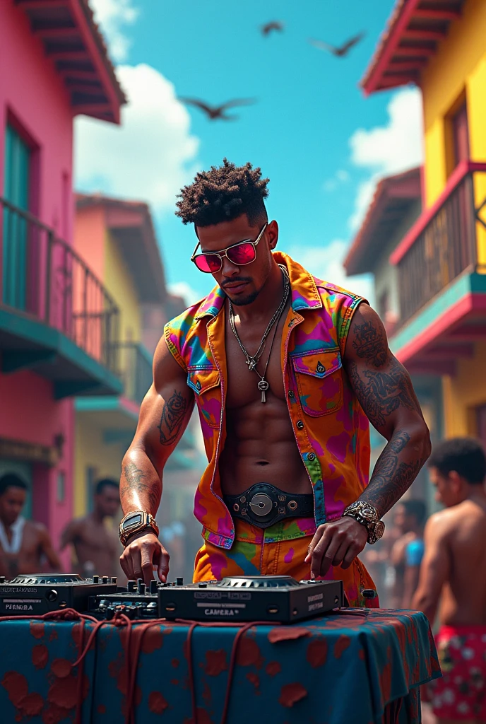 Young, big, strong DJ with colorful clothes and big colorful biker glasses playing music with a favela background 